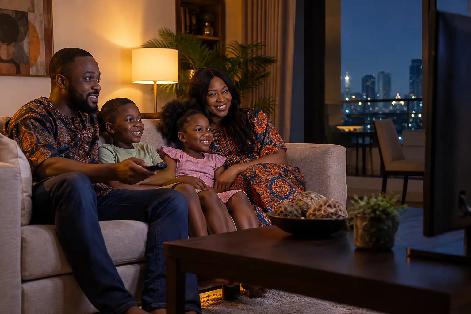 Family in Nigeria watching television together at home