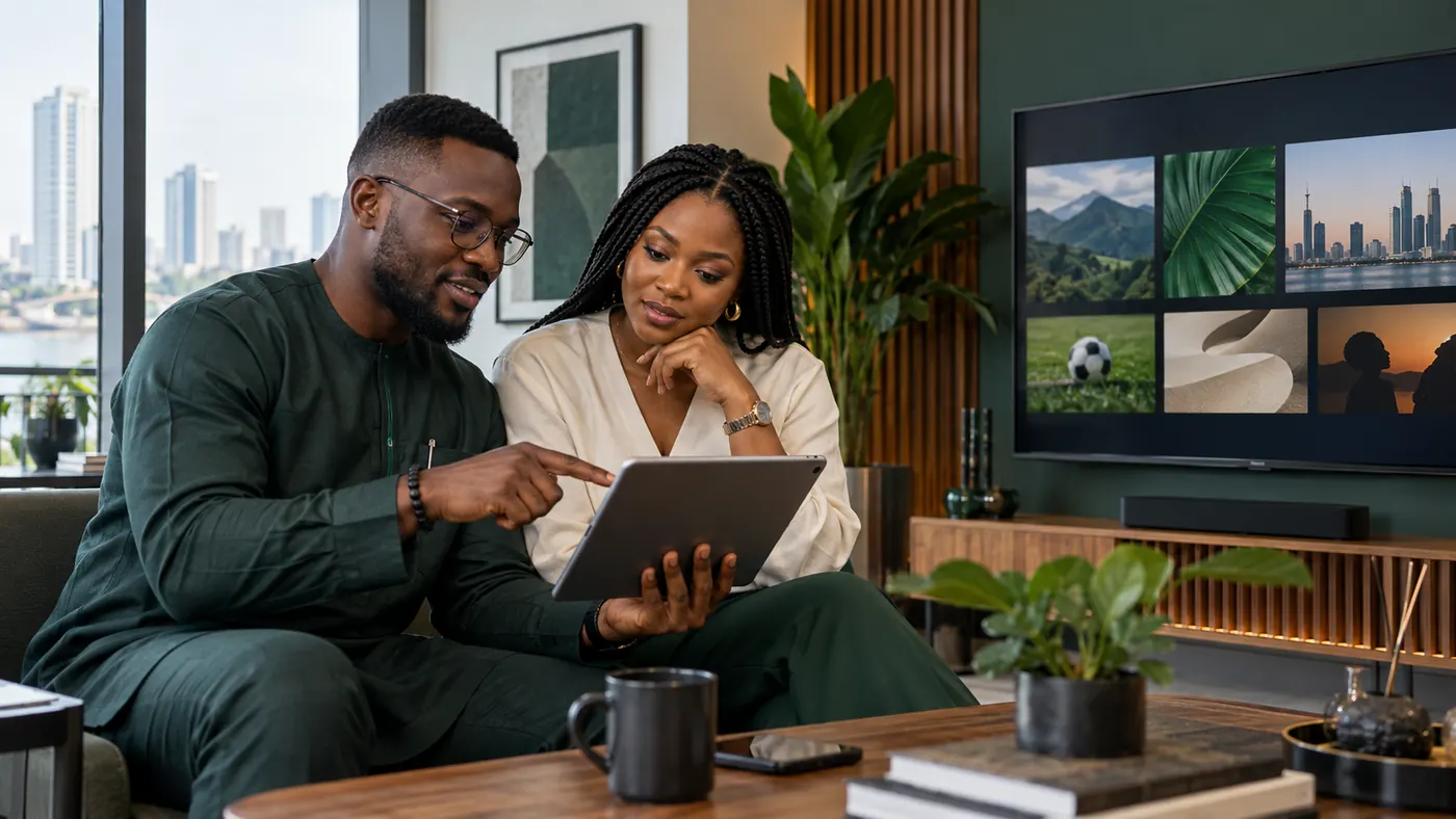 Nigerian business partners reviewing a digital television service