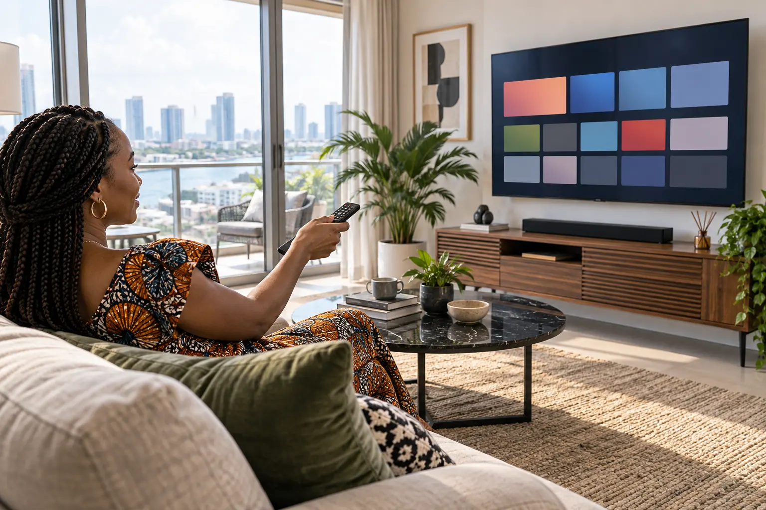 Woman setting up a Smart TV at home in Nigeria